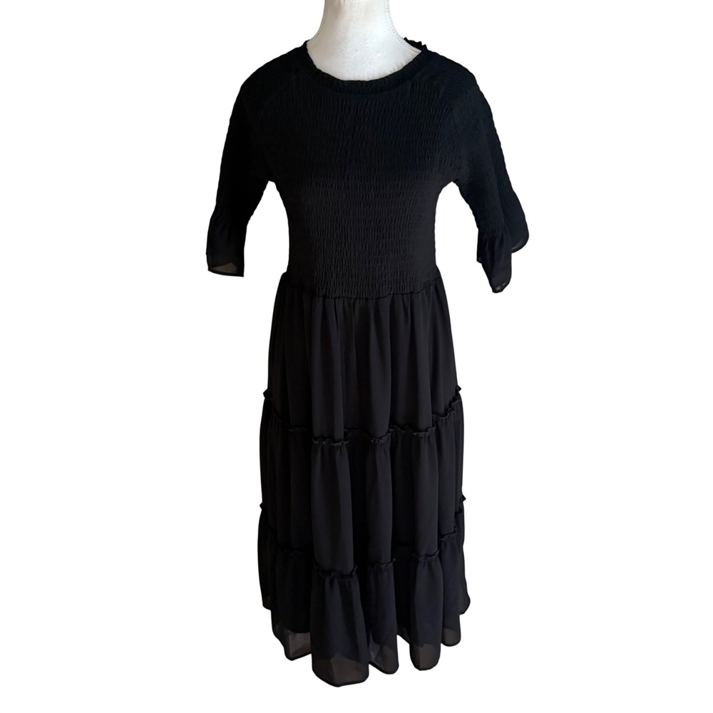 JESSAKAE Wandering Willoughby Smocked Midi Dress in Black size Medium
